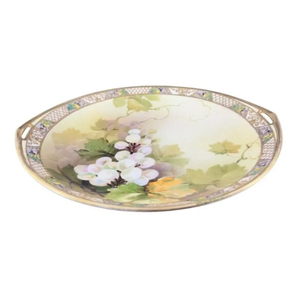 Antique Nippon HandPainted Large Platter Dish Plate W Handles Textured Porcelain